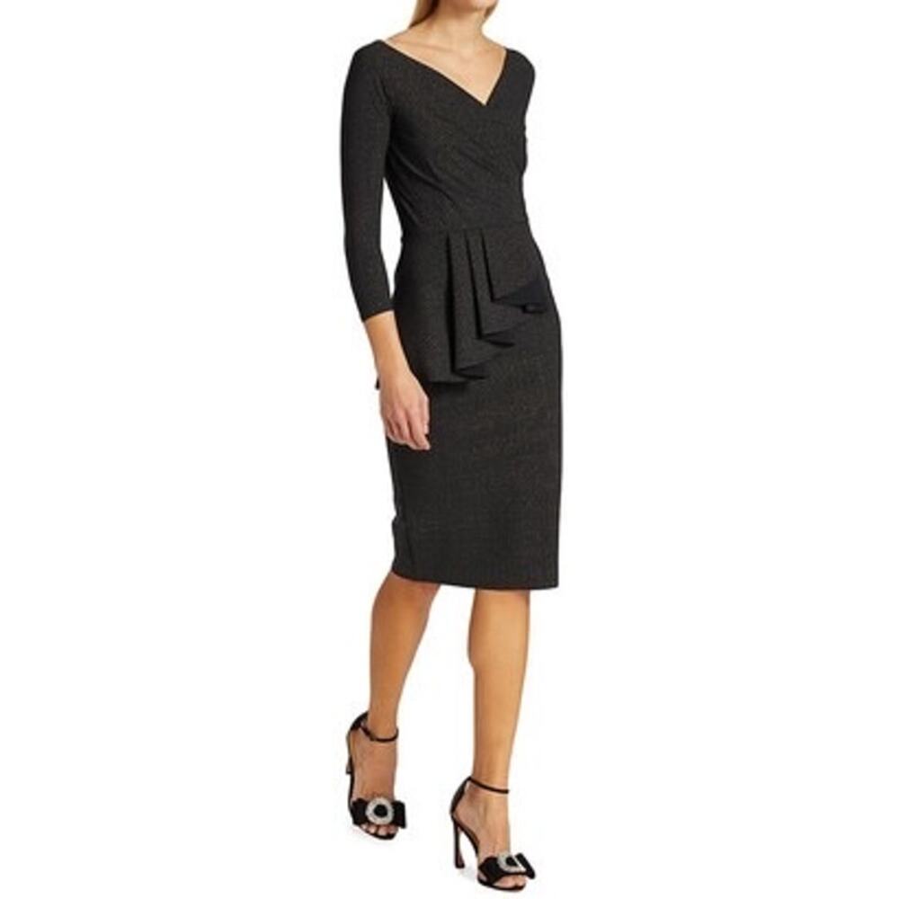 Chiara Boni Black Shimmer Peplum Sheath Midi Dress, size 16